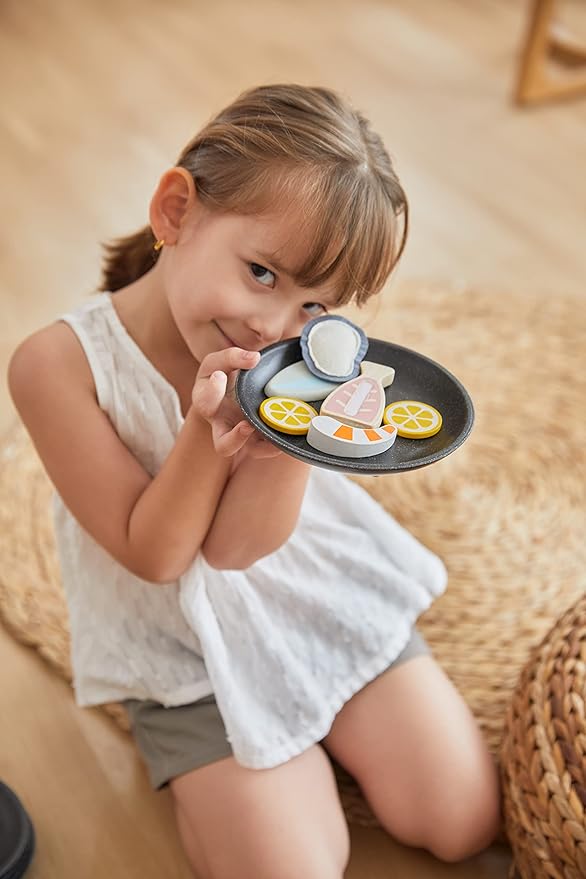 PlanToys® Wooden Pretend Play Seafood Platter Food Toy for Kids | Includes Fish, Prawn, Oyster, Knives & More | Montessori Role Play Kitchen Toy for Imaginative Learning