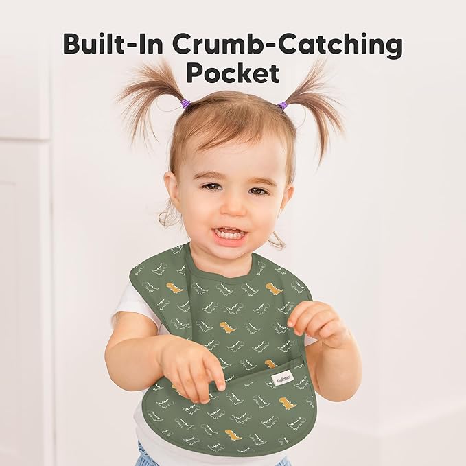 KeaBabies 3-Pack Waterproof Baby Bibs for Eating - Lightweight Toddler Feeding Bibs with Large Food Catcher, Mess Proof, Food-Grade Baby Eating Essentials, Easy to Put On & Clean (Mesozoic)