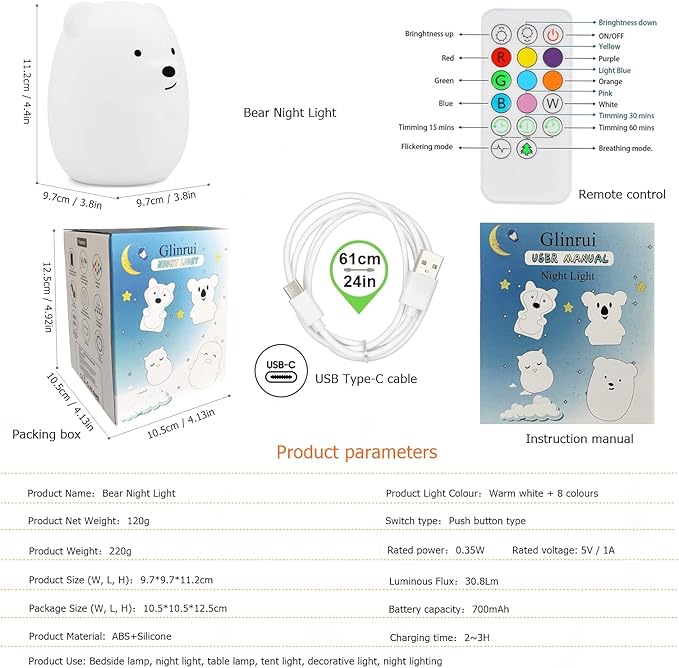 Bear Night Lights for Kids, Bedside lamp for Children, Baby Nursery Light - Break Resistant/Eye Caring/Adjustable Brightness Color/Time Setting/Gifts for Kids Babies Boys Girls - Medium