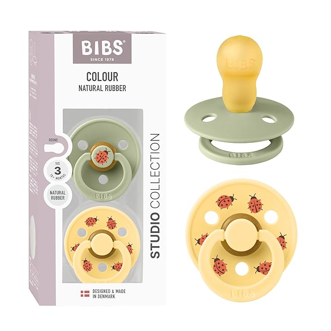 BIBS Studio Soother 2-Pack, BPA Free Dummy Pacifier, Round Nipple. Natural Rubber Latex, Made in Denmark, Size 3 (18+ Months), Sage/Pale Butter