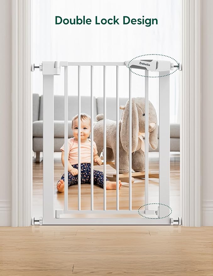 BABELIO 26-28.5 Inch Narrow Easy Install Baby Gate, 30 Inch Tall Auto-Close Metal Pet Gate for Small Stairs and Doorways, NO Drilling Pressure Mounted, NO Extensions, White