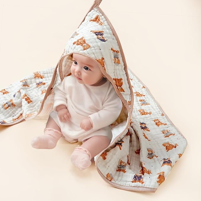 Muslin Hooded Baby Towels,2 Pack Baby Bath Towels,Large 31.5x31.5Inch,Hooded Towels for Baby and Infant,Soft&Absorbent(Brown and Bears)