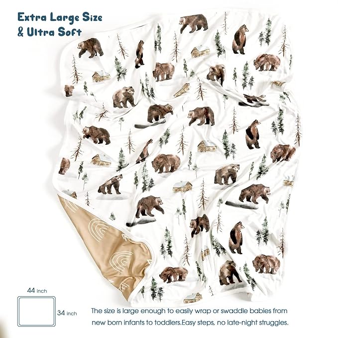 GRSSDER Baby Blankets Super Soft Stretchy Jersey Swaddle Blanket 2 Pack for Baby Boys, Double Layer Reversible Receiving Blankets 34 x 44, Extra Large for Swaddling, Deer & Bear