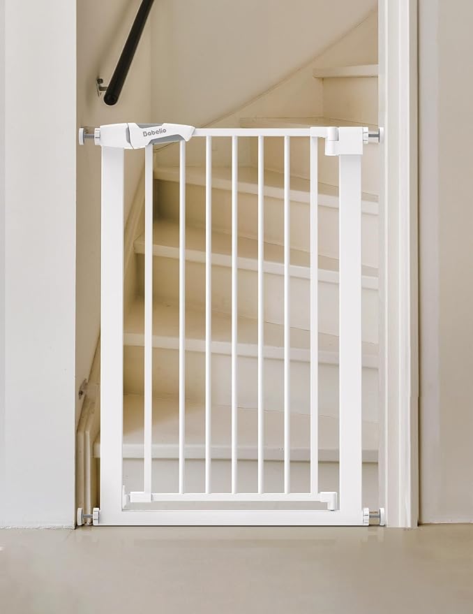 BABELIO 36" Tall Narrow Baby Gate, 26-28.5" Wide Auto-Close Metal Pet Gate for Small Stairs/Doorways/Hallways, Pressure/Hardware Mounted for Child and Pets, NO Extensions, White