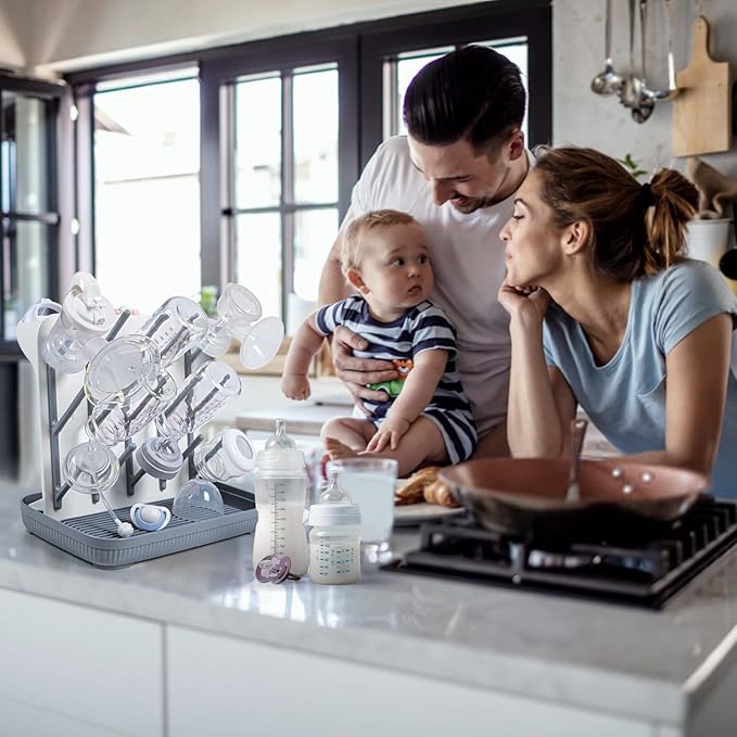 Termichy Baby Bottle Drying Rack: Large Vertical Bottle Dryer Rack Holder - Space Saving Standing Drying Rack for Baby Bottles and Pump Part Cleaning (Gray)
