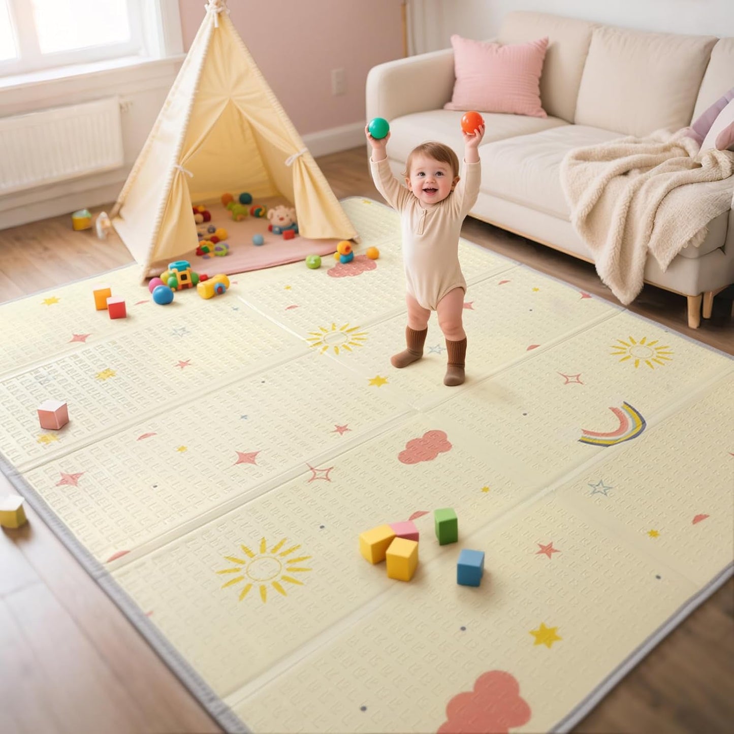 Extra Large Foldable Play Mat, Reversible Baby Play Mat with Edge Reinforcement, Non-Toxic & Waterproof Baby Mat for Floor, Foam Playmat with Travel Bag, Rainbow, Cloud & Moon, 79"x71"
