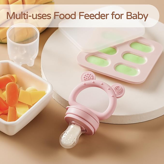 2 Pack Silicone Baby Fruit Feeder with Mini Freezer Tray, Breastmilk Popsicle Molds for Infant Teething Relief, Baby Teethers, Fresh Food Feeder for Safe Infant Self Feeding - Purple