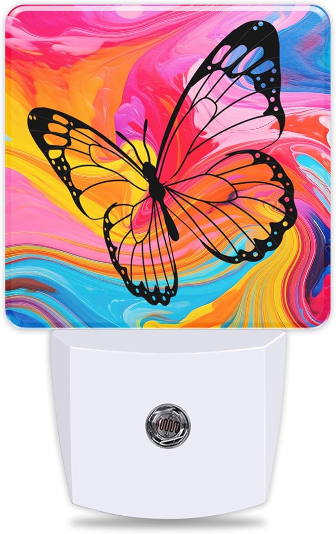 Butterfly Night Light Colorful Marble Plug in Night Lights LED Lamp with Dusk to Dawn Sensor Auto Energy Saving Square Lights for Bedroom Bathroom Hallway Home Wall Decor Nightlight