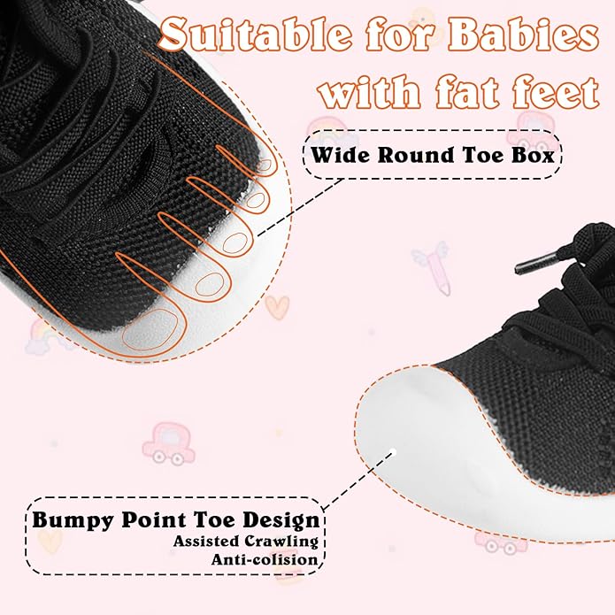 Baby Girl&Boy Toddler First Walking Shoes 6-12 Months Size 3 Black Barefoot Slip On Wide Toe Box Shoes Soft Footmates Casual Tennis Indoor Flexible Learning to Walk Rubber Sneakers