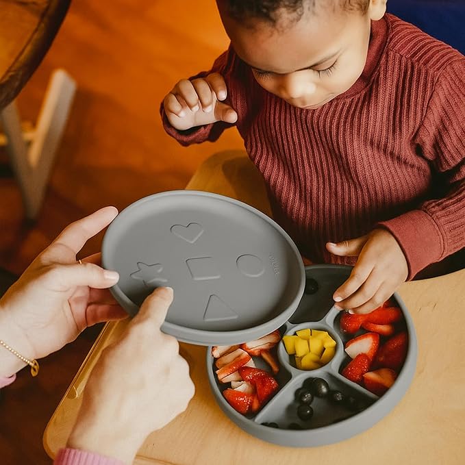 Talktools Bitsy Feeding Kid's Essentials Plate Set – Toddler Utensils, Spoon and Fork, Plate Lid, Perfect for Mealtime – Strong Suction Toddler Plates with 4 Compartments (Set-Cloud)