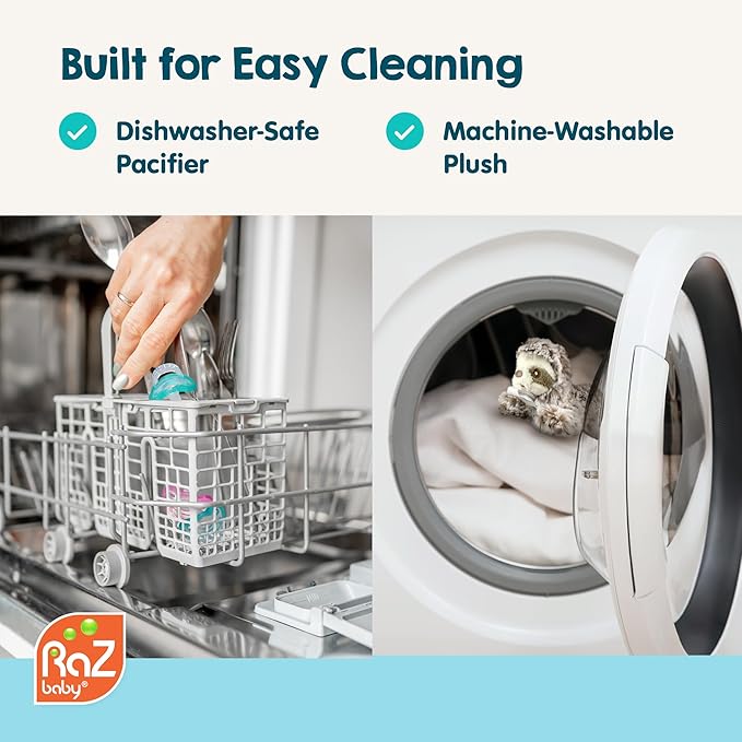 RaZbaby Bear RaZbuddy Stuffed Animal Pacifier Holder for Newborns & Up, Made in The USA, Detachable Orthodontic JollyPop Pacifier, Medical-Grade 100% BPA-Free Silicone, Baby Shower - 0 Months+