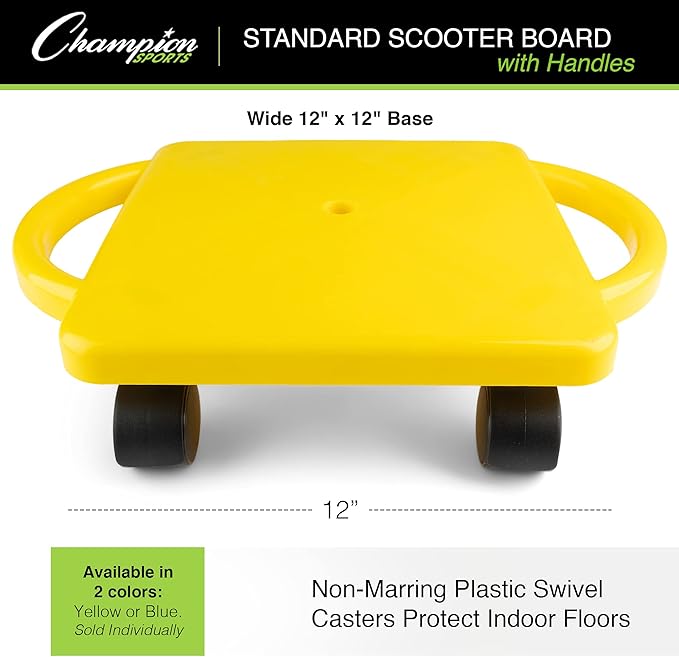 Champion Sports Scooter Board with Handles, Set of 6, Wide 12 x 12 Base - Multi-Colored, Fun Sports Scooters with Non-Marring Plastic Casters for Children - Premium Kids Outdoor Activities and Toys