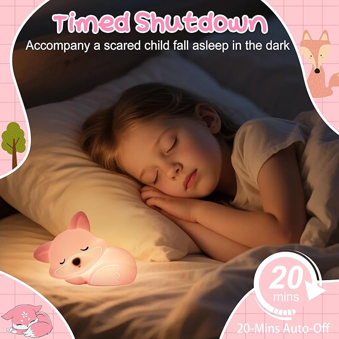 Fox Lamp for Girls, Pink Silicone Squishy Fox Shaped, 20 Mins Auto-Off Rechargeable Dimmable Night Light, Fox Gifts for Nursery Baby Girl Women, Christmas Idea