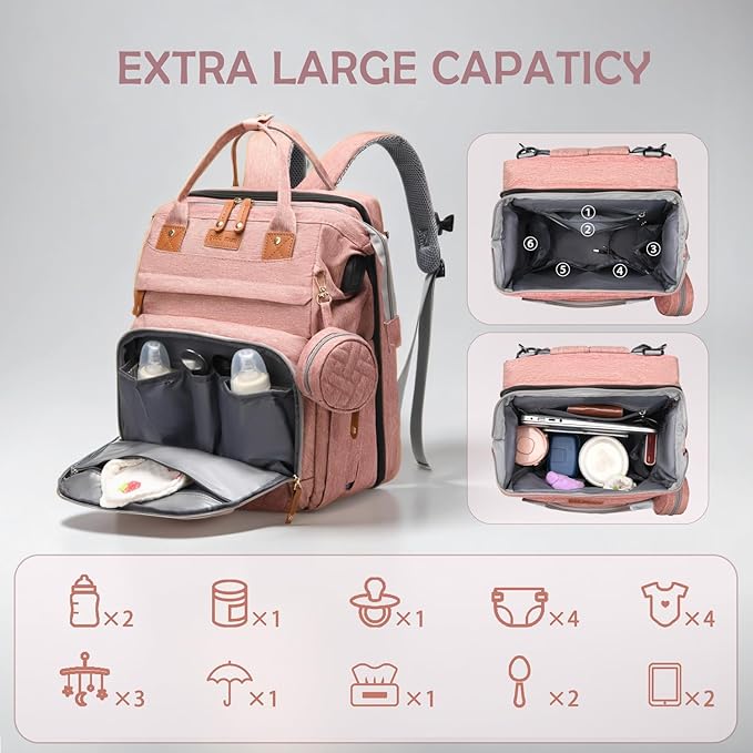 Diaper Bag Backpack with Changing Station, Multifunction Travel Baby Bag, Waterproof Baby Tote, Large Capacity Mommy Bag, Newborn Essentials Backpack Bag, Girls, Pink