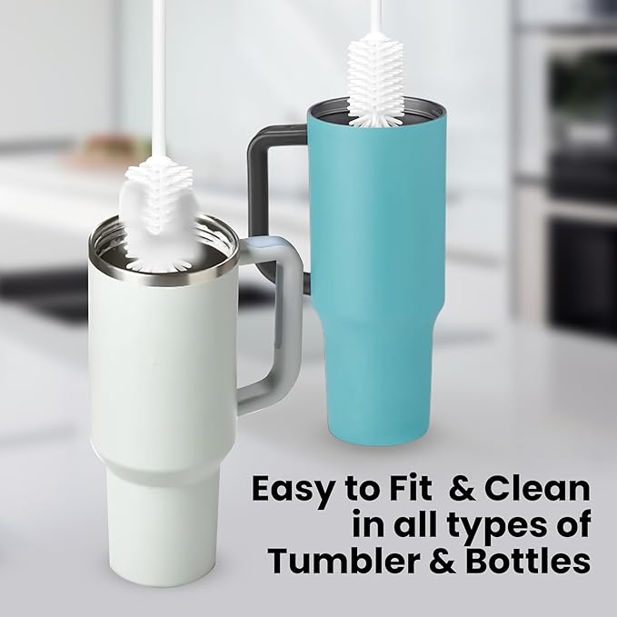 purifyou 16in & 12in Platinum Silicone Water Bottle Cleaner Brush Set with Cap Brushes, for Bottles, Tumblers, Drinking Glasses, Narrow Neck Containers, Dishwasher Safe, Durable (Set of 2, White)