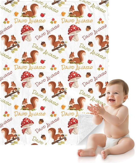 Ship Next Day Personalized Baby Blanket, Printed in USA - Custom Name Toddler Blanket with Squirrel Pattern, Personalized
