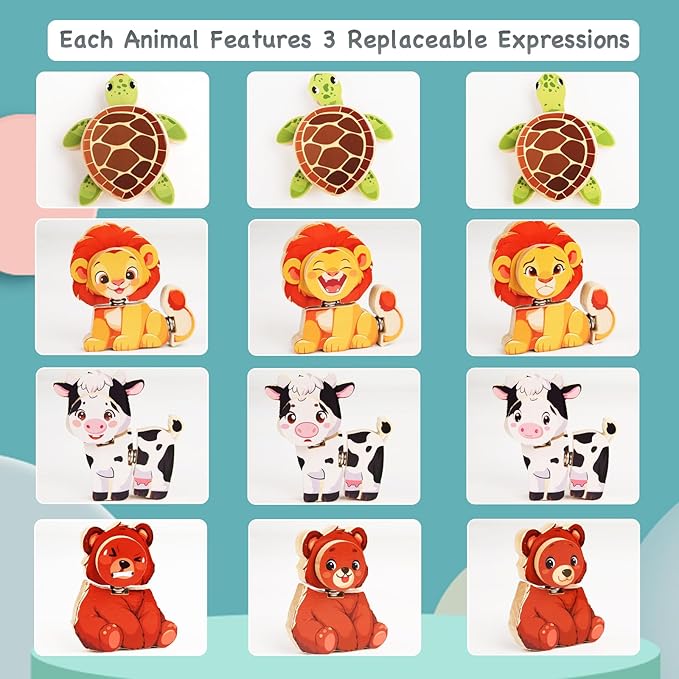 HUZU Animal Snap Wooden Building Blocks – Fun & Educational Puzzle Toy for Kids Aged 3-8, Features Cow, Bear, Lion and Turtle, Matching Game with Interchangeable Animal Faces & Emotions