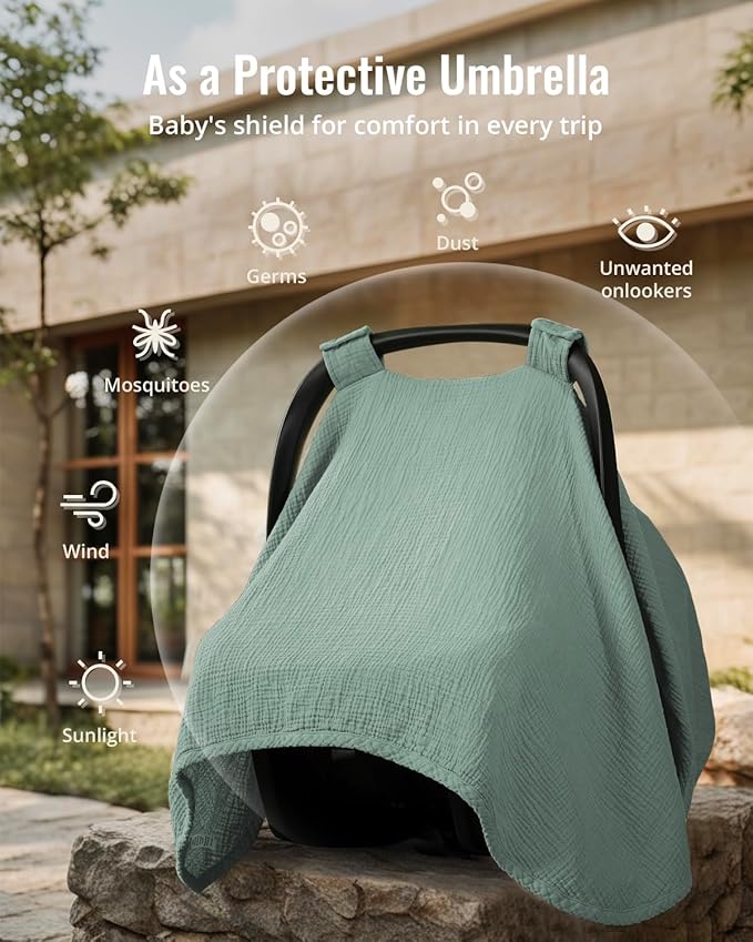 Blissful Diary 2-in-1 Muslin Baby Car Seat Cover, Multi-use Nursing Cover for Breastfeeding, Breathable Infant Car Seat Cover Canopy - Roman Green