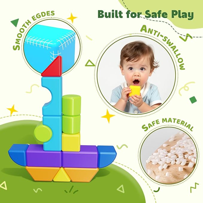 Magnetic Blocks, Large Building Blocks for Toddlers 1-3, Multi-Shape 3D Stacking Blocks Set, Montessori Learning Sensory Magnet Toys for Boys Girls, Kids Gift (14pcs)