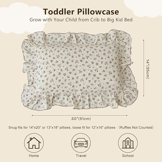 BuLuTu Cute Floral Print Pillowcases for Toddler Girls Boys, 14"x20", 1 pc, 2 Layers Muslin Cotton Pillow Cases for Crib Toddler Bed Pillow Cover, Envelope Closure, Machine Washable