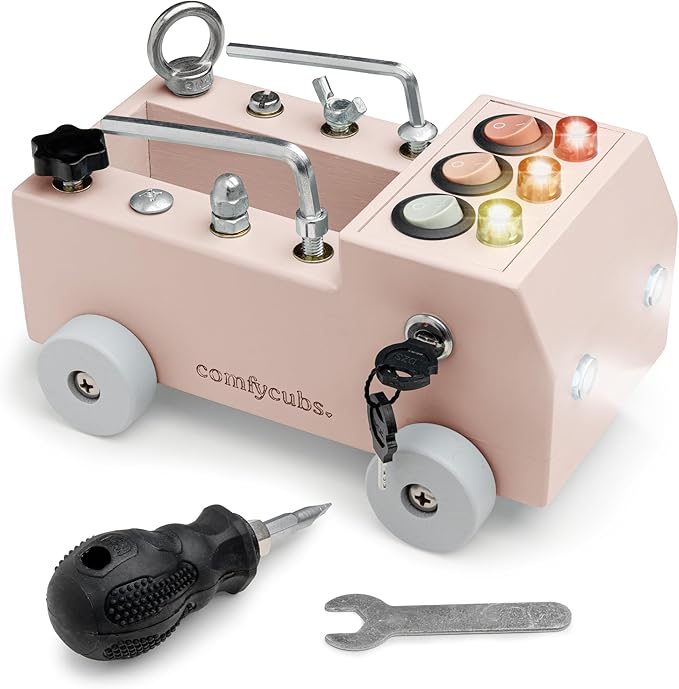 Comfy Cubs Busy Board Toy Truck Set - Fun & Noise-Free, Pine Wood Activity Board for Toddlers with LED Light Switch - Designed in The US, Focused & Engaging Montessori Play for Kids 3+ (Blush)