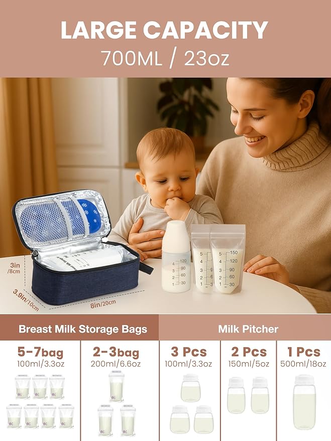 Breast Milk Cooler Travel Bag, Real-Time Temperature Display, Holds 4-6 Breastmilk Storage Bag with 2 Breast Milk Ice Pack, Cooling & Waterproof Portable Cooler for Moms on The Go(Navy Blue)