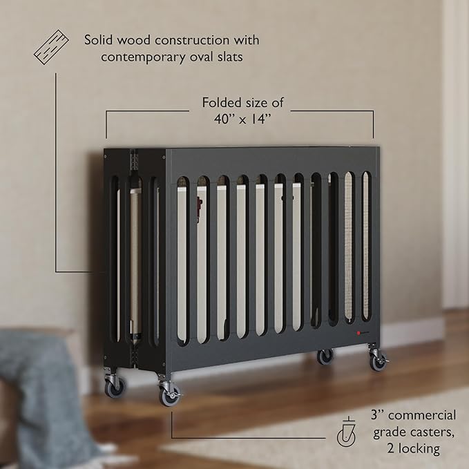 Foundations Boutique Folding Mini Baby Crib - Compact, Portable, Wooden Hotel Crib, Foldable Compact Cribs for Baby & Toddlers - Includes 3" Foam Mattress - Ebony