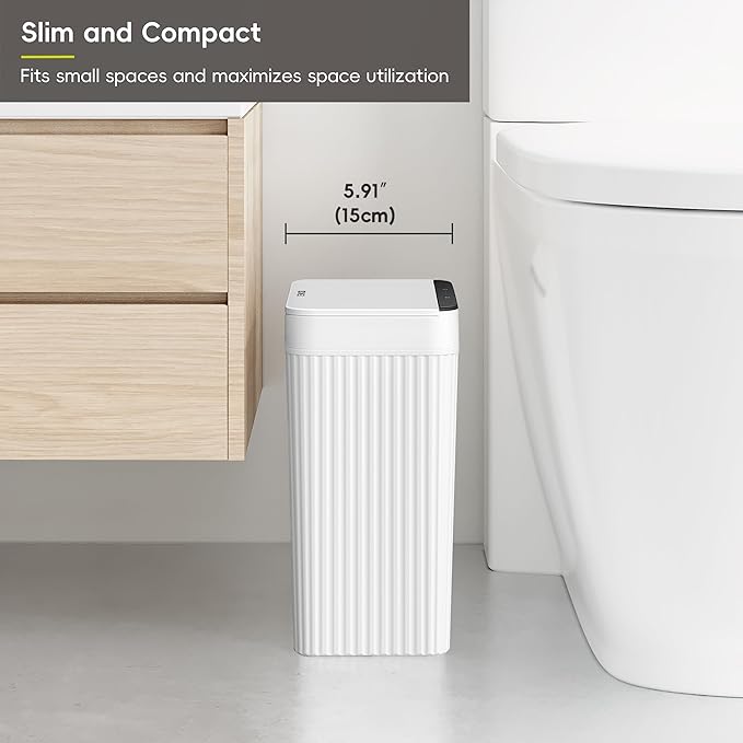 EKO Brio 10L/2.6 Gallon Motion Sensor Trash Can, Automatic Touchless Bathroom Garbage Bin, Waterproof Smart Trash Can for Kitchen, Bedroom, and Office, White