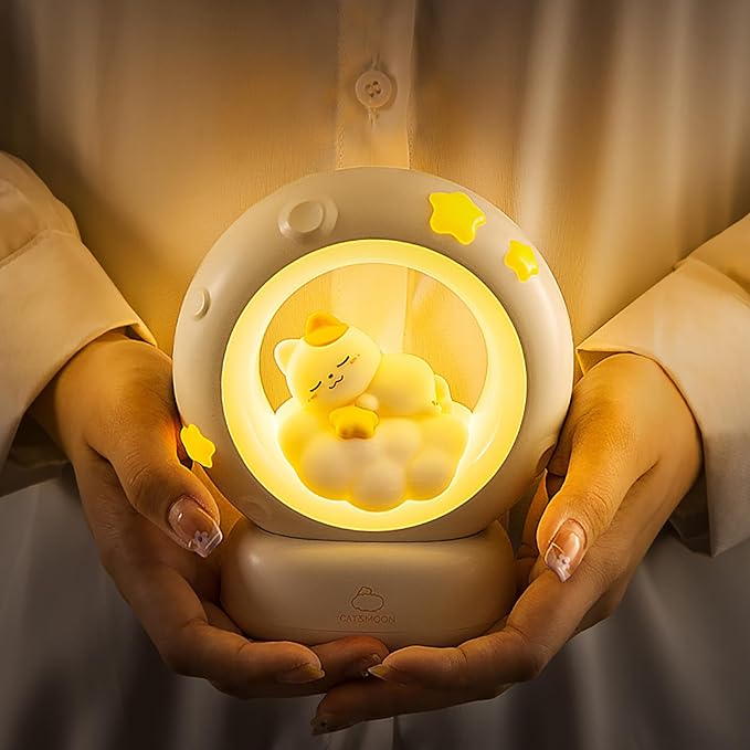 Moon and Cat Rechargeable Night Light, Safe PVC and ABS Material, 3 Brightness Levels, Tap Control, Warm Light, Toddler Sleeping Lamp, Bedroom Night Lamp, Gift for Baby and Kid (Moon and Cat)