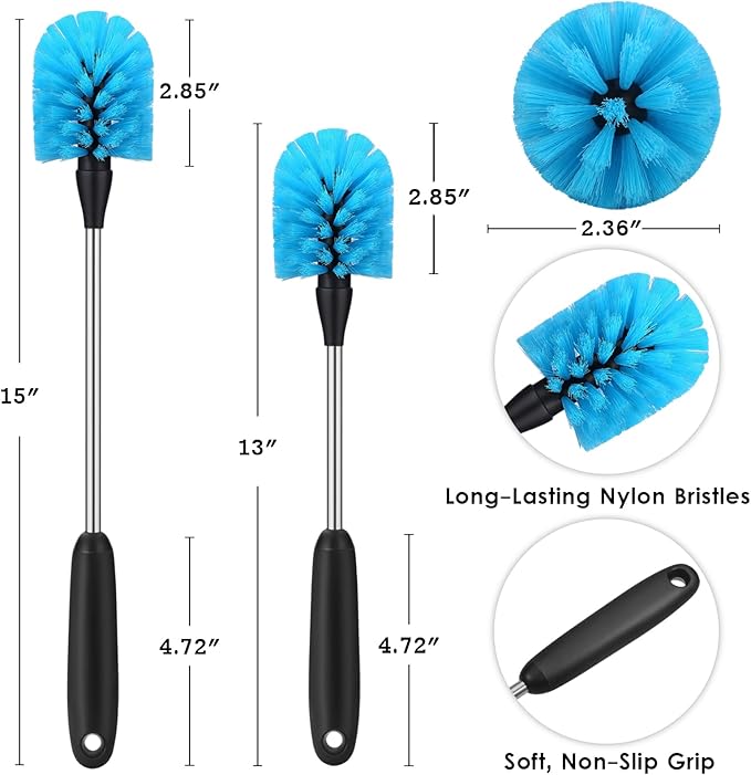 Stainless Steel Water Bottle Brush, Long Handle Scrubbing Brush, Built for Cleaning Sports Bottles, Baby Bottles, Cups, Coffee Mugs, Glasswares, Wine Decanters, Flask, 2 Pack, 13 in - 15 in