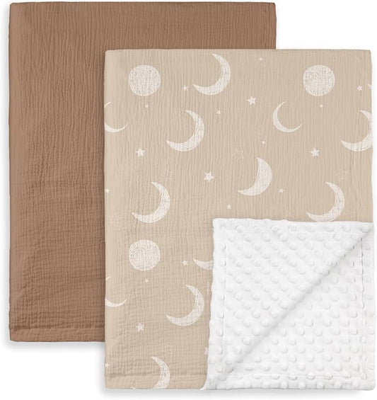 GLLQUEN BABY Blankets for Unisex Boys Girls, 2-Pack Muslin Cotton Front Soft and Breathable, and Dotted Fleece Backing, Printed Bed Nursery Minky Blankets for Toddler Newborn, Starry, 30 x 40 inches
