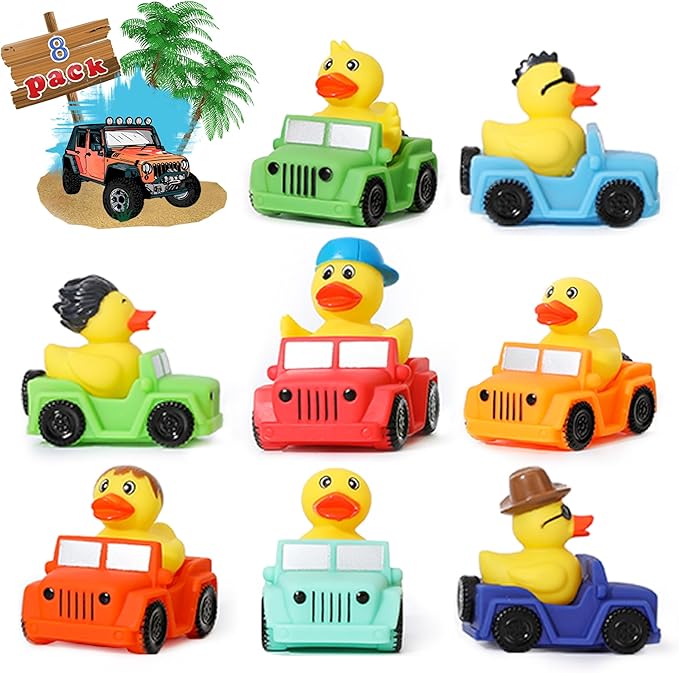 XY-WQ 8 Pack Rubber Duck for Jeeps Ducking - 3" Bulk Floater Duck for Kids - The Shape of a Vehicle - Baby Bath Toy Assortment - Party Favors, Birthdays, Bath Time, and More (8 Varieties)