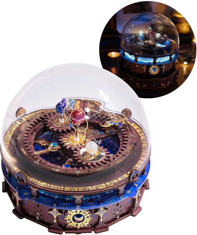 MU 3D Wooden Puzzles The Planisphere Rotating World Globes Craft Work 3D Metal Puzzle Models Kits Treasure Boxes Miniature Building, Music Box DIY Set Birthday New Year Gifts Home Desk Office Decor