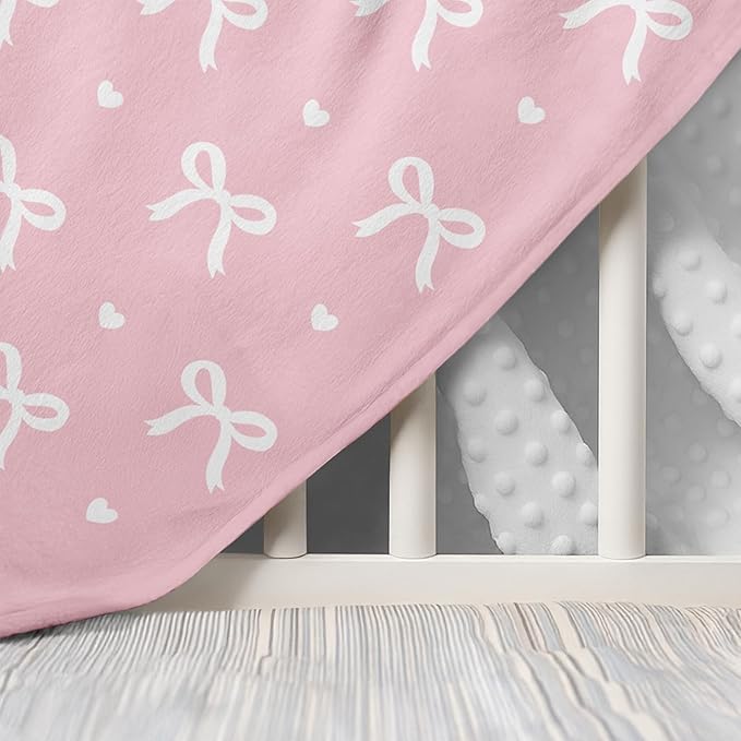 Bow Minky Baby Blanket 30 x 40 Inches for Girls, Soft Plush Receiving Blanket with Dotted Back, Gift for Toddler Newborn Infant Christmas Birthday Baby Shower