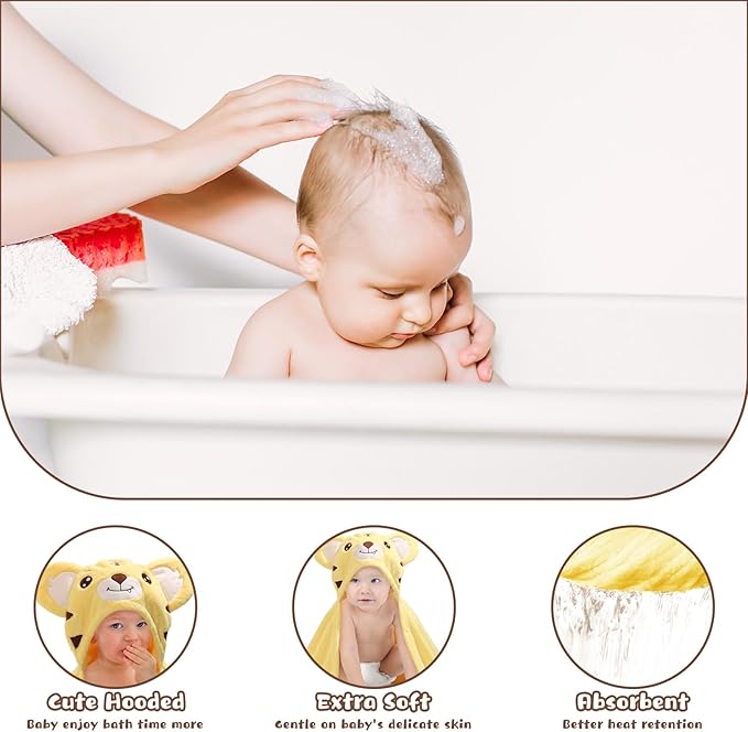 Toddler Towels with Hood, 2 PCS Kid Bath Towel with Animal Hooded for 0-5 Years,Super Soft Premium Coral Fleece Luxuriously Thick and Plush with Large Size 50"x32", Brown Bear& Yellow Tiger