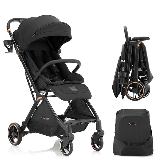 Gravity Folding Baby Stroller - Portable Travel Toddler Stroller w/Adjustable Backrest & Canopy, Cup Holder, Lightweight and UV Protected, One-Hand Automatic Folding - Black