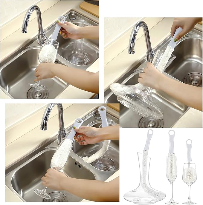 3 Pieces Wine Cleaning Brush Flexible Bottle Scourer with Stainless Steel Decanter Cleaning Balls Multi-Function Household Cleaning Tools for Goblets/Champagne Flutes/Cups/Glasses (White)