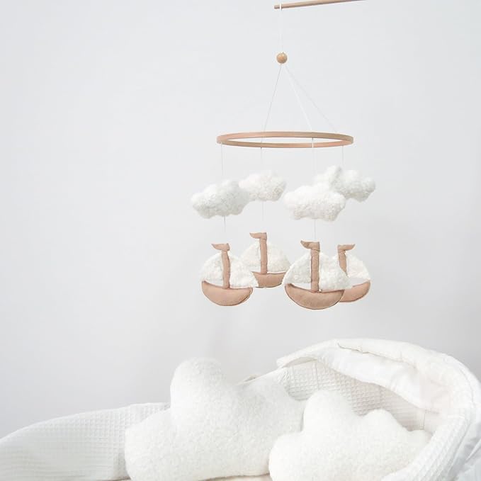 Sailboat Crib Mobile for Girls & Boys, Sailboat & Cloud Mobile for Crib, Neutral Boho Baby Mobile for Crib, Sailing Boat Mobile