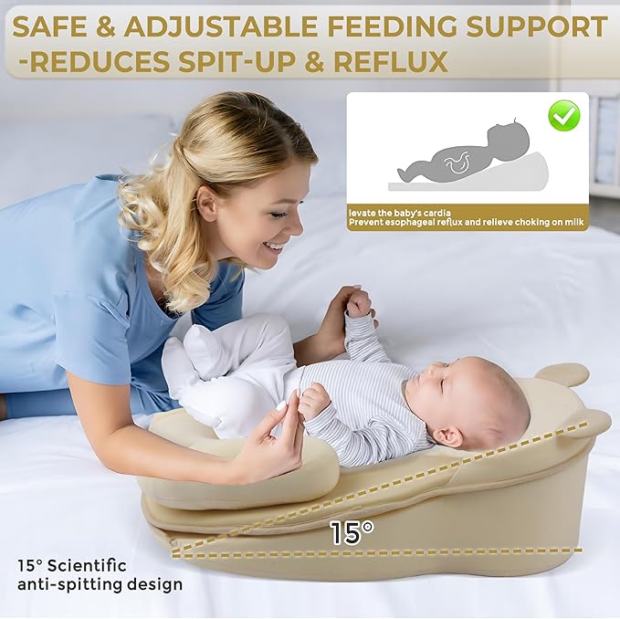 Baby Feeding Pillow, Anti Overflow Feeding Pillow for Reducing Spit-Up, Safety Nursing Pillow, Baby Lounger Reflux Wedge Breastfeeding, Removable top and Bottom（Yellow）