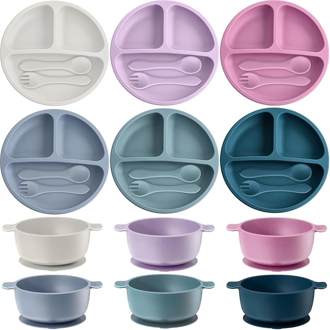 Dandat 24 Pcs Silicone Baby Feeding Set,6 Baby Toddler Suction Bowls 6 Divided Suction Plates with 6 Forks 6 Spoons, Utensils Set for Weaning Infant Feeding and Eating, 6 Styles (Elegant Color)