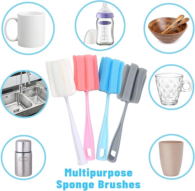 Bottle Brush Sponge 4PCS Cup Washer Brush Long Handle Cleaner Brush for Baby Bottle Glasswares Mugs Cups Kitchen Clean (4 PCS)