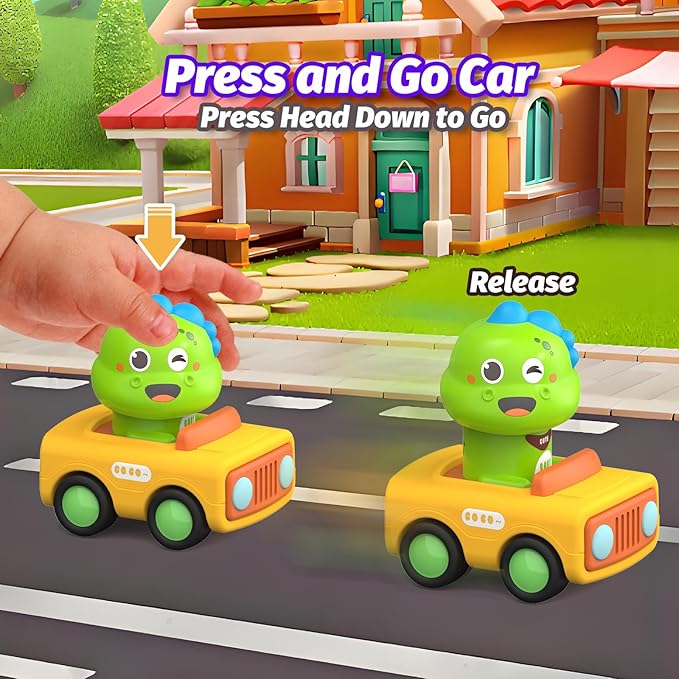 4PCS Big Press and Go Car Toys for Toddlers 1-3,Baby Animal Race Cars with Big Storage Box Infant Toys Push Go Friction Dino Car Learning Toys for Toddlers 1-3
