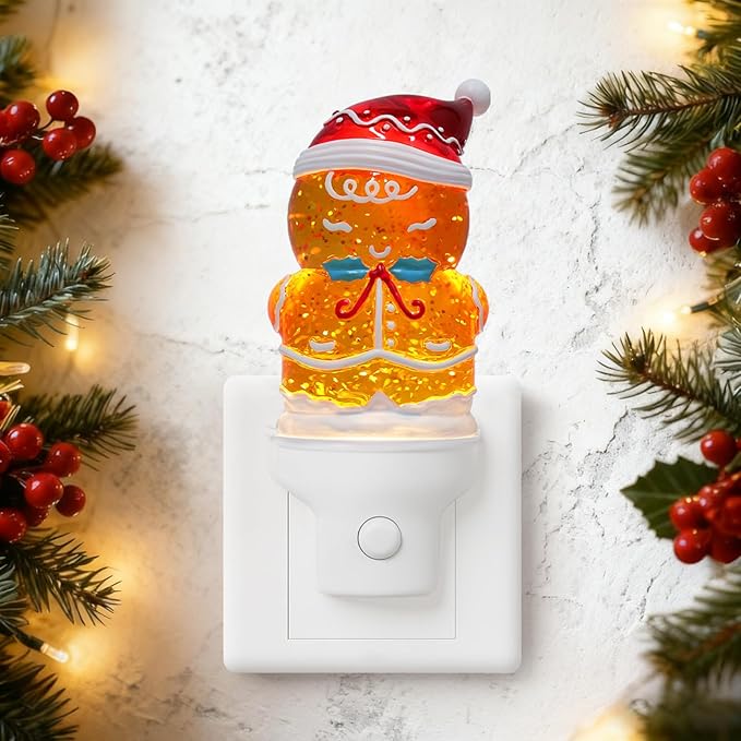 Christmas Night Light Plug into Wall Swirling Glitter USB Portable Christmas Decorative Night Light Decoration for Kids Adults Bedroom Kitchen Living Room Holiday Decor (Gingerbread)