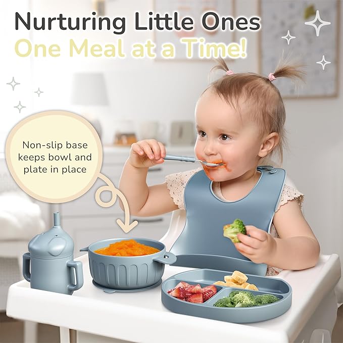 mimi & kiki BPA-Free Silicone Baby Feeding Set, Baby Plates and Bowls Set, Baby Led Weaning Supplies, Silicone Suction Plate, Baby Utensils, Bib and Cup, Self Feeding, Dishwasher Safe (Blue)