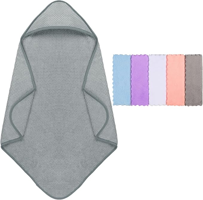 Orighty Baby Hooded Towel with Five Washcloths, 28 x 28 Inch Super Soft Bath Towel with Hood for Babies, Infant, Newborn Essential - Ideal Baby Stuff Registry for Boys and Girls (Grey)