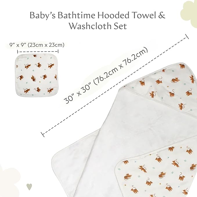 Bamboo Viscose Baby Hooded Towel & Washcloth Set for Babies and Toddlers, Tiger, Soft & Absorbent, 70% Viscose from Bamboo, 30% Cotton Muslin - Imported (Tiger)