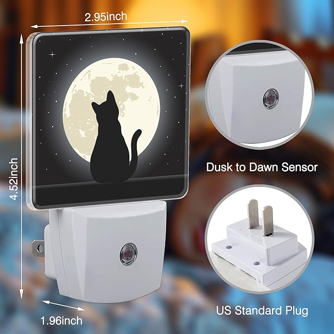 Black Cat Under The Moon Night Lights Plug into Wall for Girls Boys Room, Night Lights LED Lamp with Dusk to Dawn Sensor Nightlight for Bedroom Kitchen Bathroom Hallway Home Wall Decor