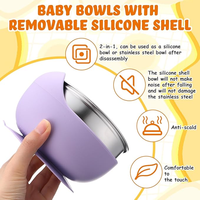 Nuogo 6 Pcs Stainless Steel Baby Bowls with Removable Silicone Shell 304 Toddler Bowls Kids Anti Scald Snack Container for Food Feeding, Dishwasher Safe(Fresh Color,Suction-b)