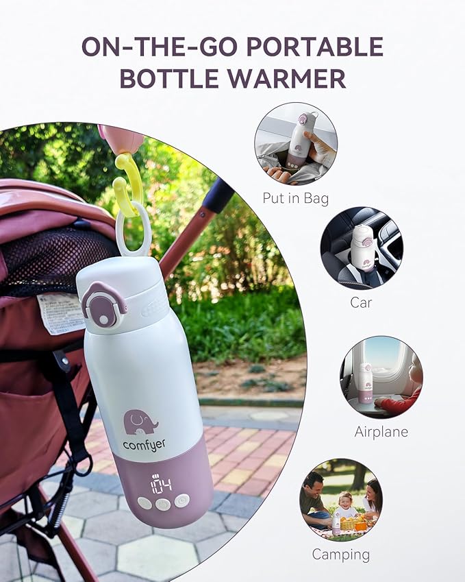 Portable Baby Bottle Warmer for Travel, Portable Milk Warmer with Fast Heating & Long Battery Life, Instant Breast Milk, Formula/Water Bottle with 12 Ounces Big Capacity, Baby Flask for Vehicle