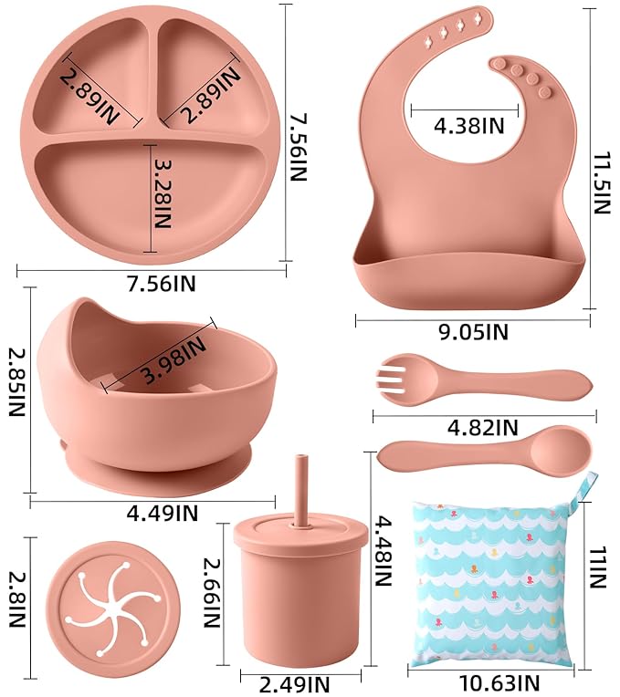 ECLIP Silicone Baby Feeding Set, 10 Pcs Baby Eating Essentials with Suction Bowl Divided Plate Adjustable Bib Soft Spoon Fork Snack Cup with Lid Drinking Cup, Utensil (Brick Red)
